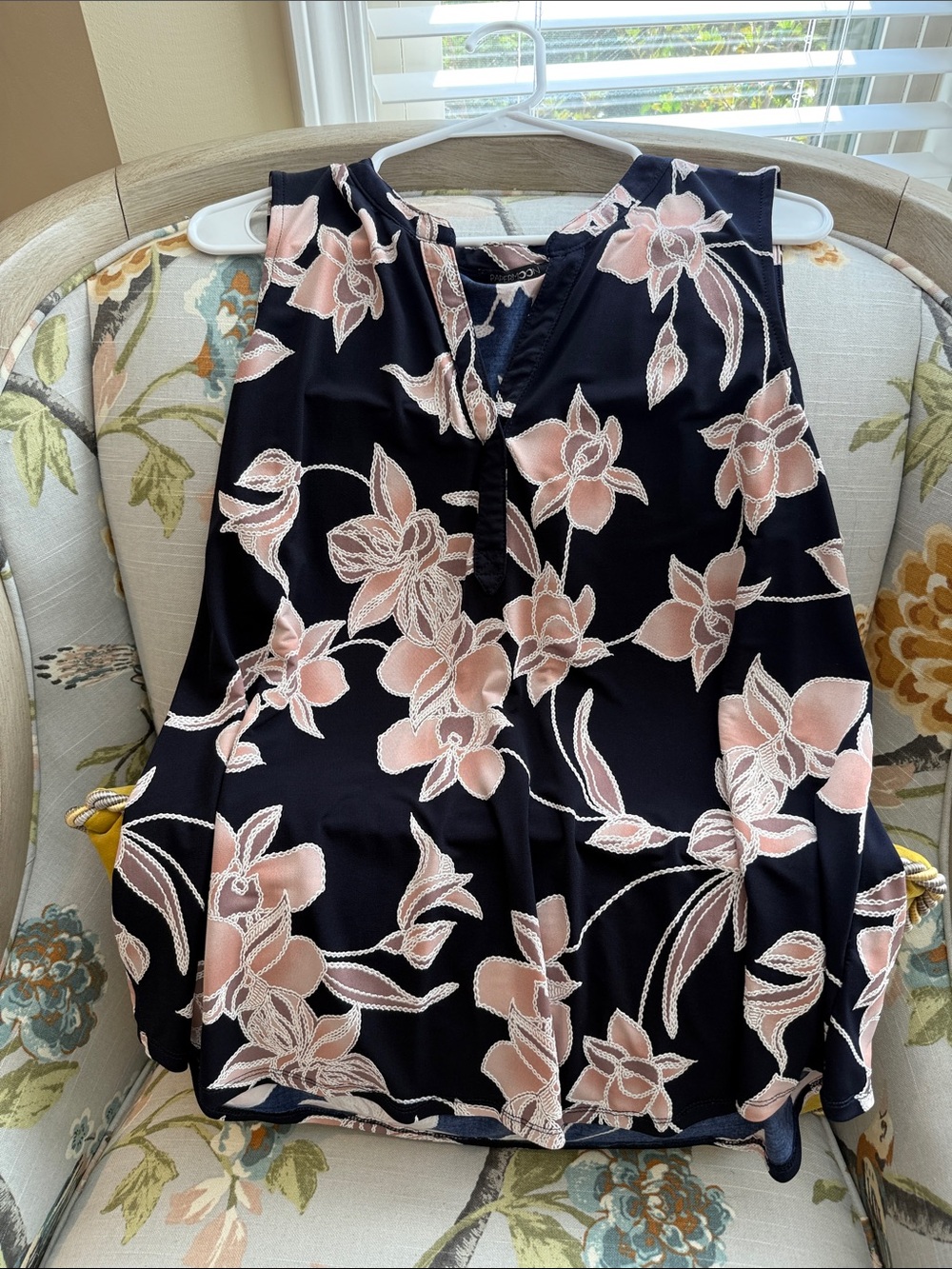 Sleeveless Navy Top with Blush Floral Print